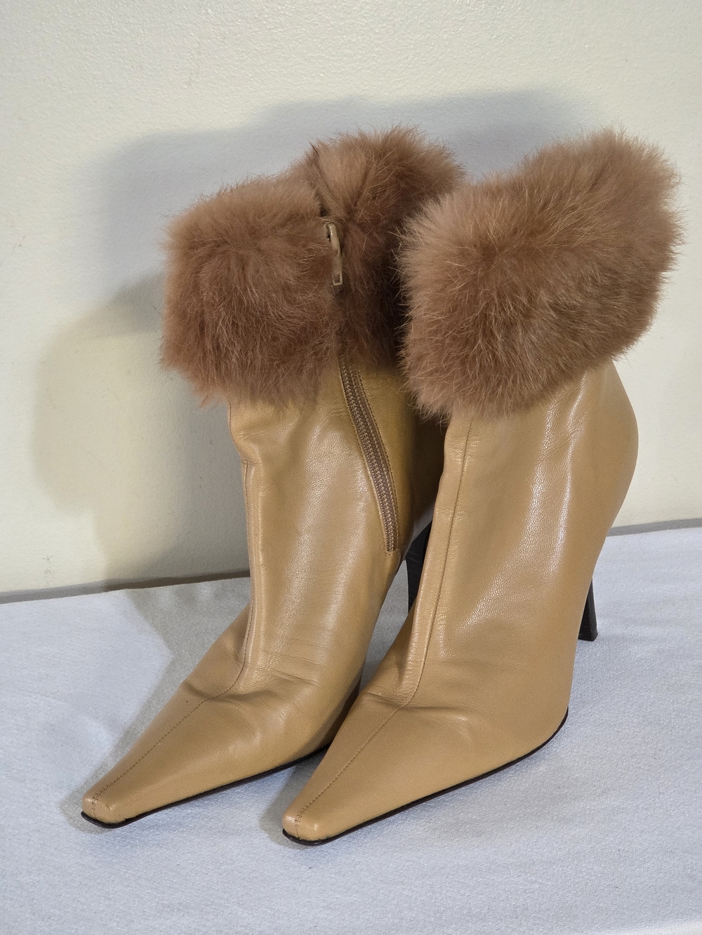 ANTONIO MELANI Tan Leather Fur-Cuff Pointed Toe High Heel Ankle Boots